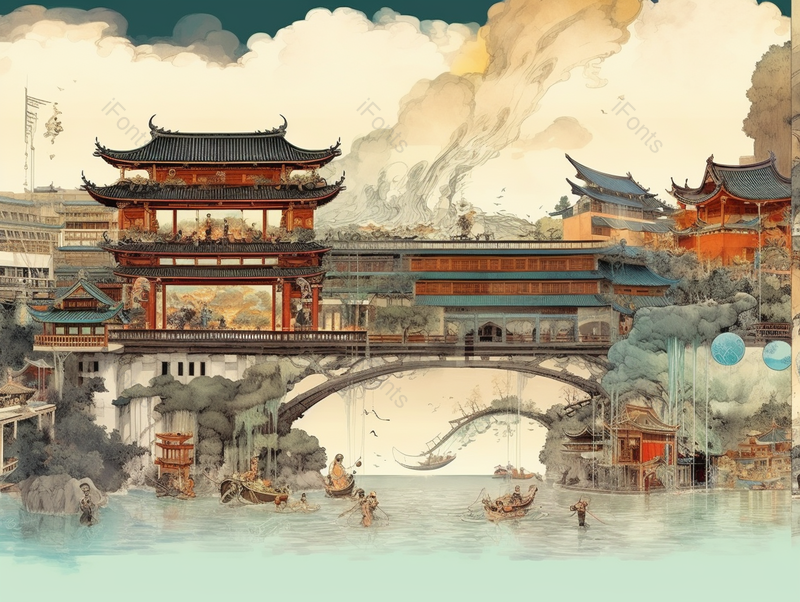 宏伟壮观的古桥高楼古建筑古塔植被传统中式插画背景,插画/手绘图,插画/手绘图库,插画/手绘图下载,插画/手绘